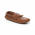 Brown moccasin shoe on a white background.