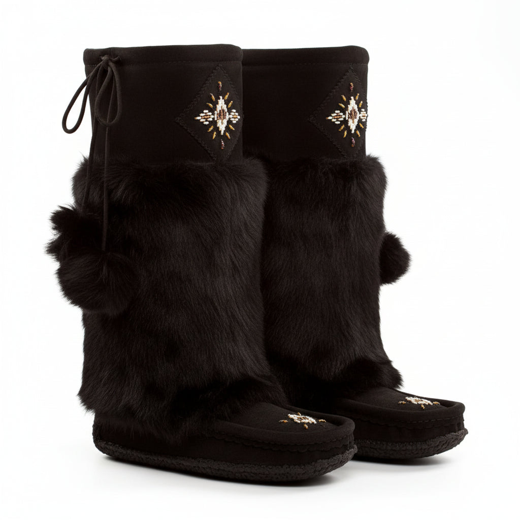 Black fur boot with decorative elements on a white background drinking grape juice