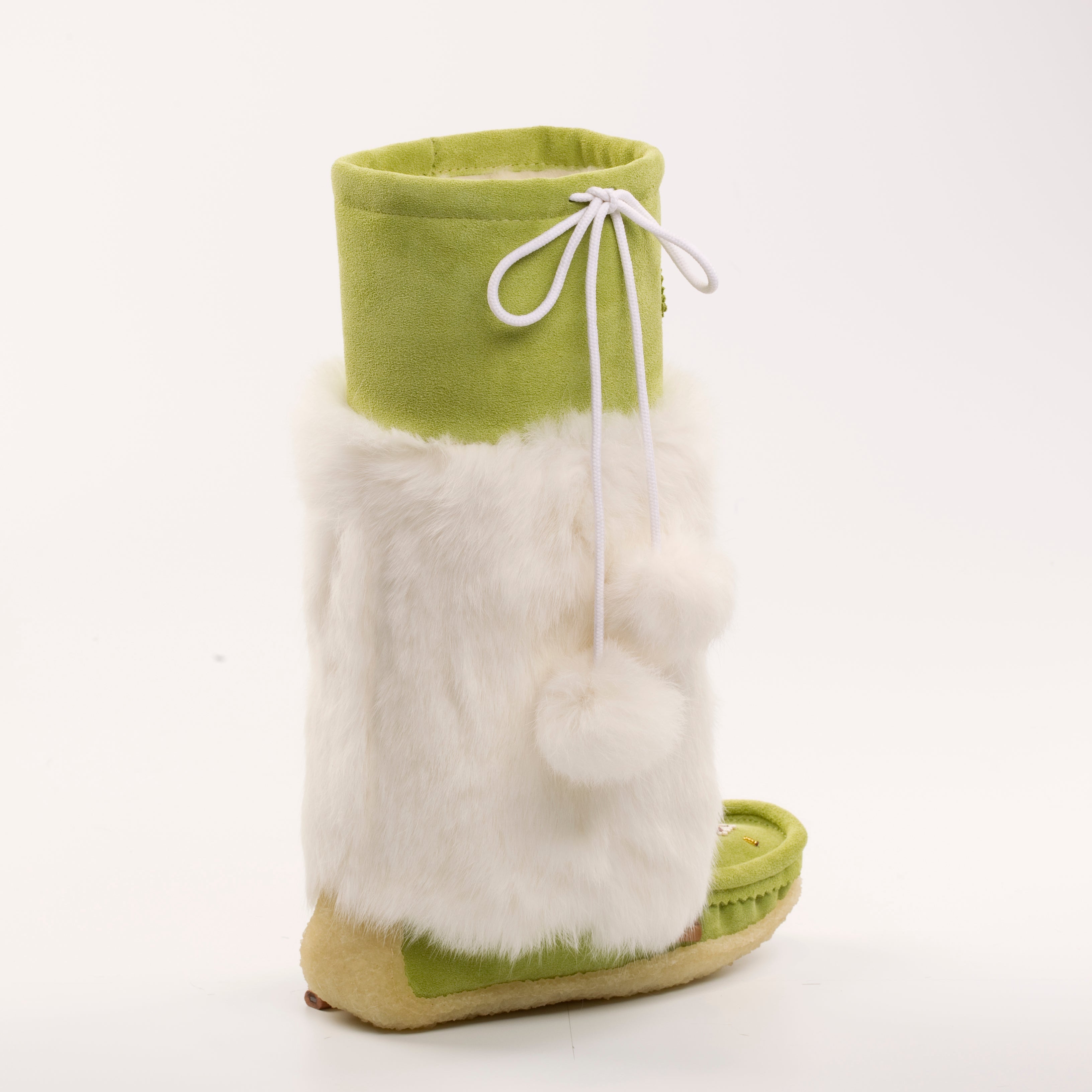 Apple Green mukluks with white fur