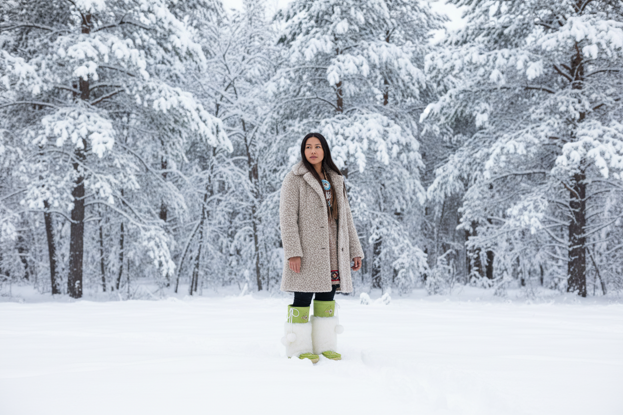 Woman standing in a snowy forest with snow-covered trees.wearing mukluks