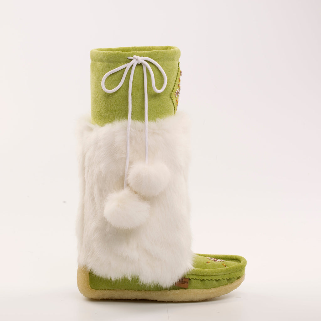 Authentic Canadian made mukluks in Green suede and whiter fur