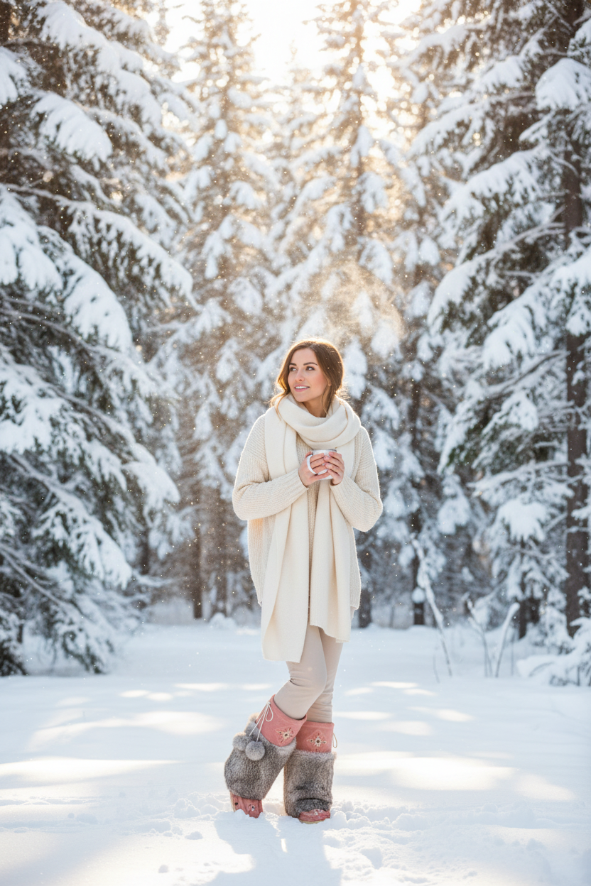 Pink mukluks with gray fuzzy trim on a white background