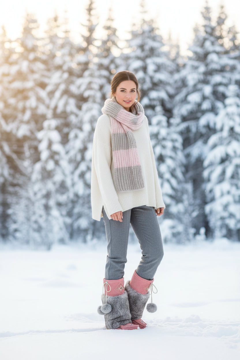 womens mukluk boots with merino interior and pink exterior on a white background