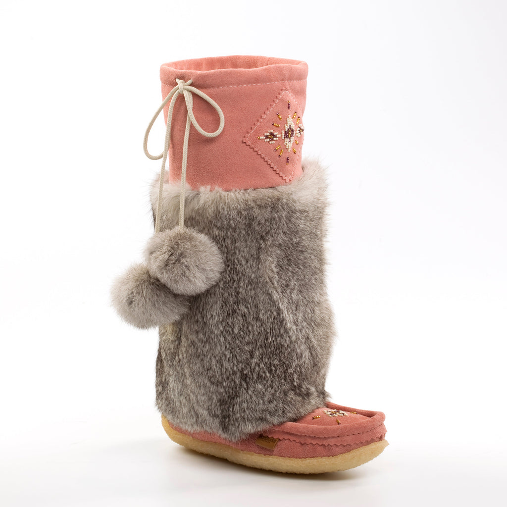 Womens boot with fuzzy gray fur and pink bottom on a white background