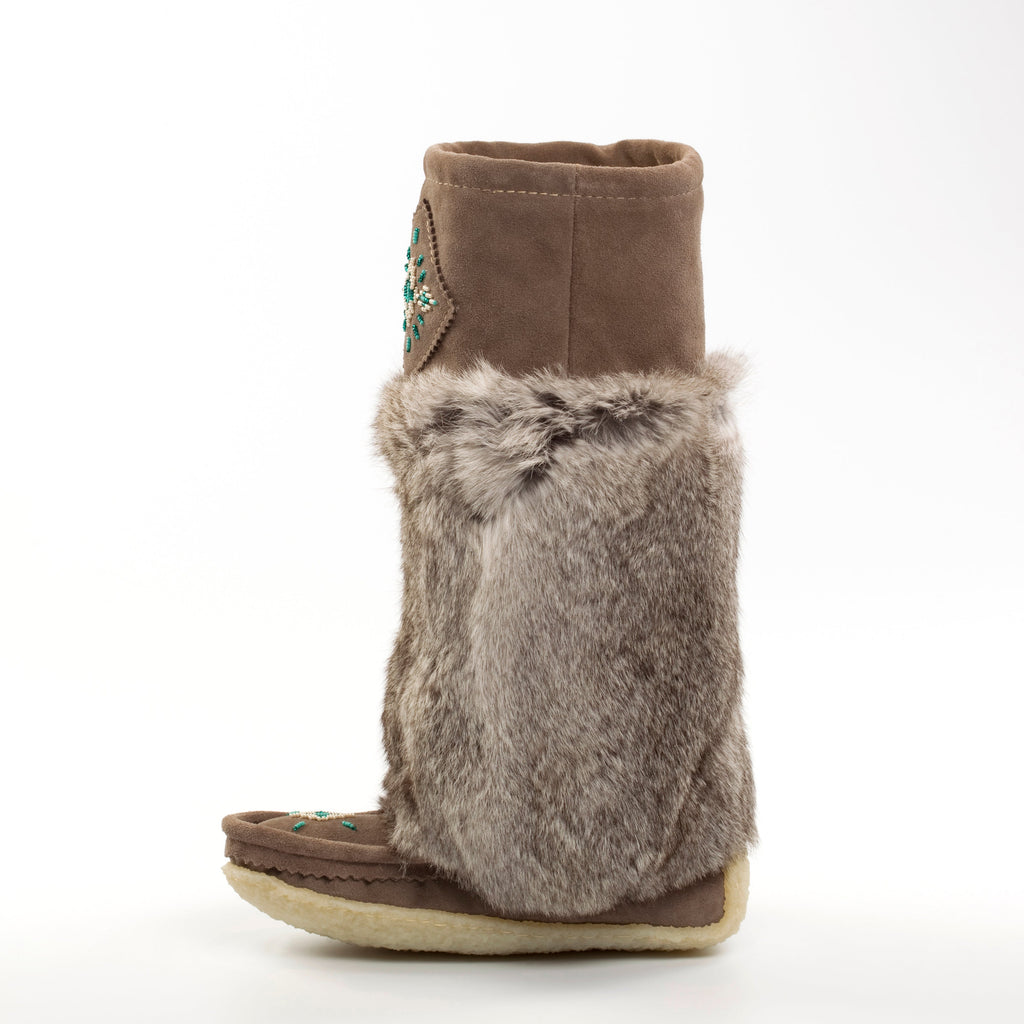 grey boot with fur cuff on a white background