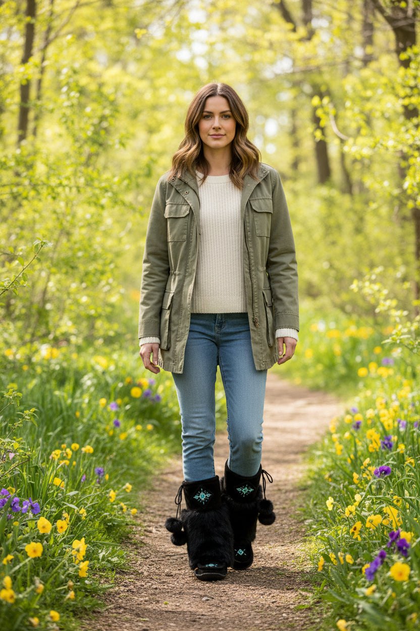 Woman walking on a path surrounded by flowers and greenery in spring