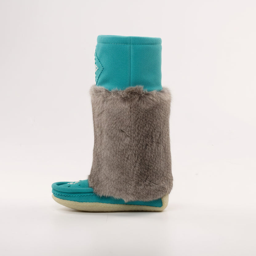Teal mukluk with side profile grey rabbit fur