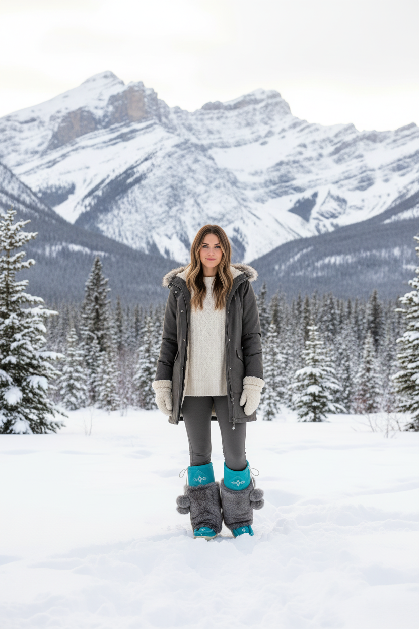 Person standing in a snowy landscape with mountains and trees in the background wearing mukluks