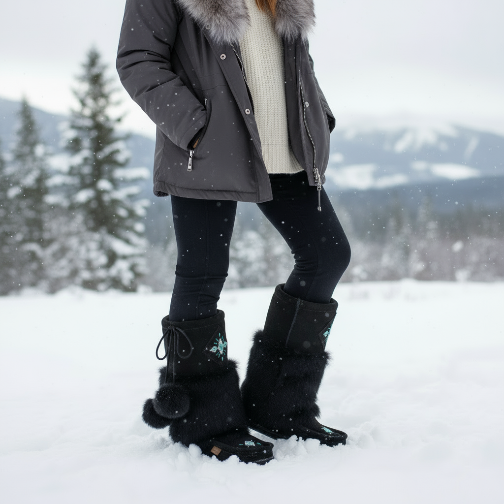 The Raven I : Handcrafted 15" Waterproof Hand-Beaded Black Suede & Merino Mukluk