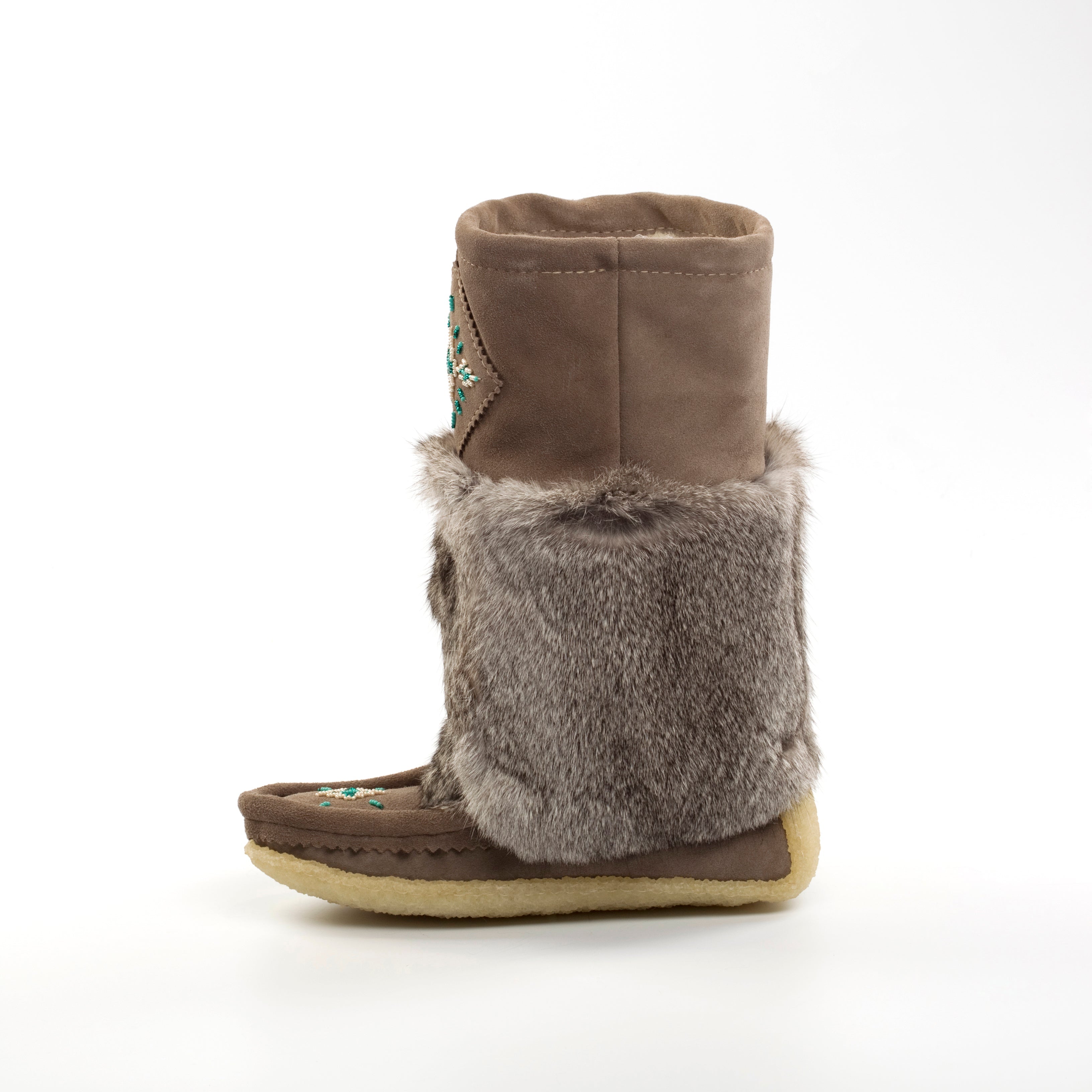 Grey slipper boot with fur trim on a white background