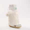 White mukluks-style boot with fur trim on a white background