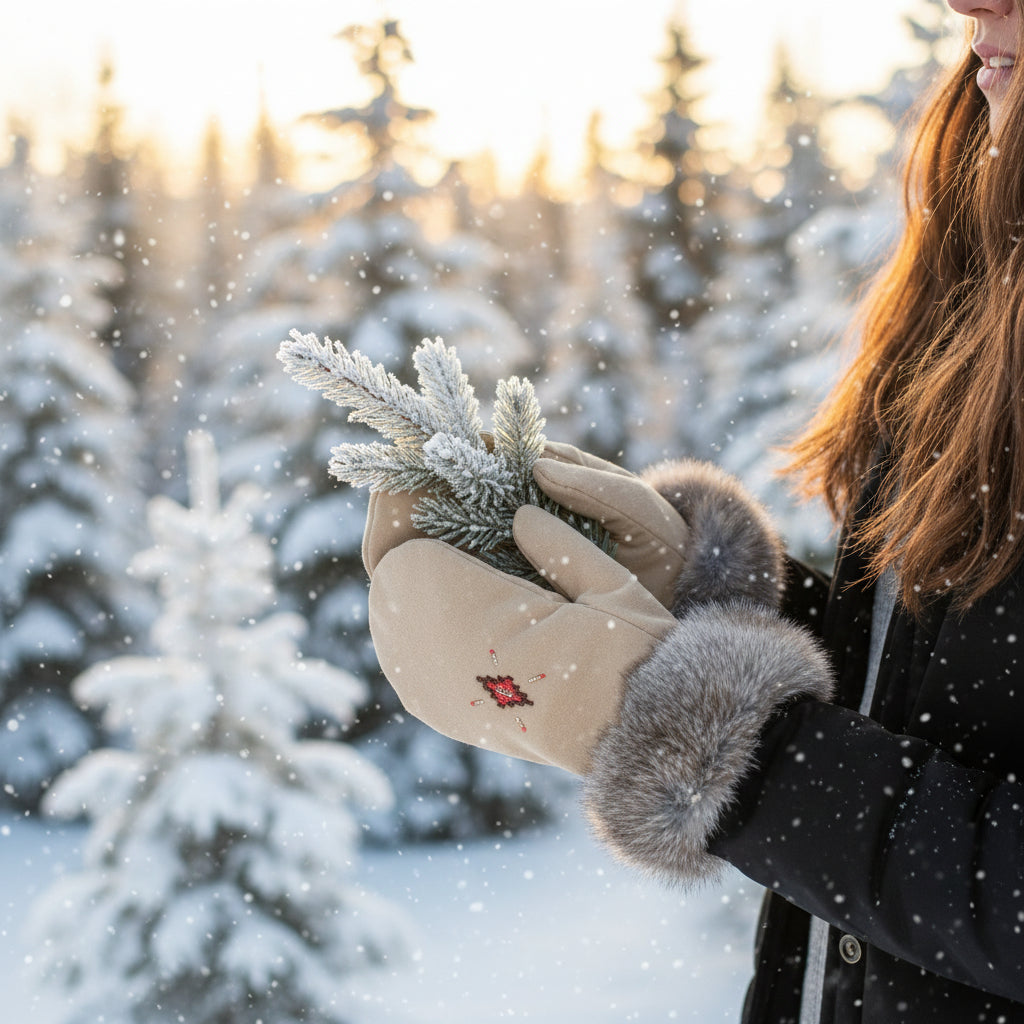 Beige suede mittens with fur cuff and embroidered design on a green leafy background