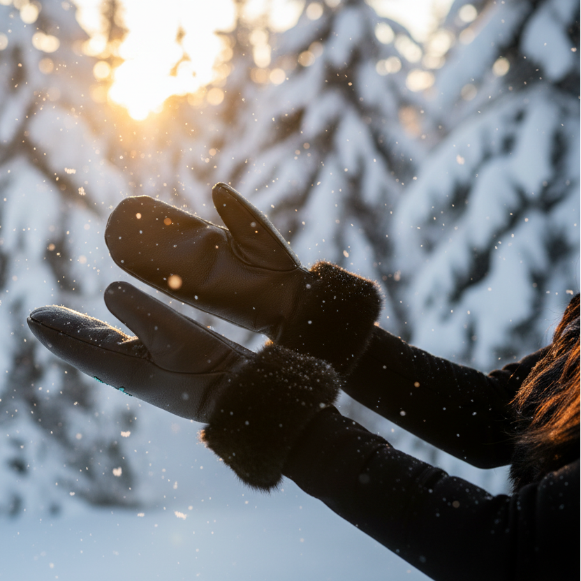 Person wearing gloves holding out their hands towards falling snow with a blurred winter landscape in the background