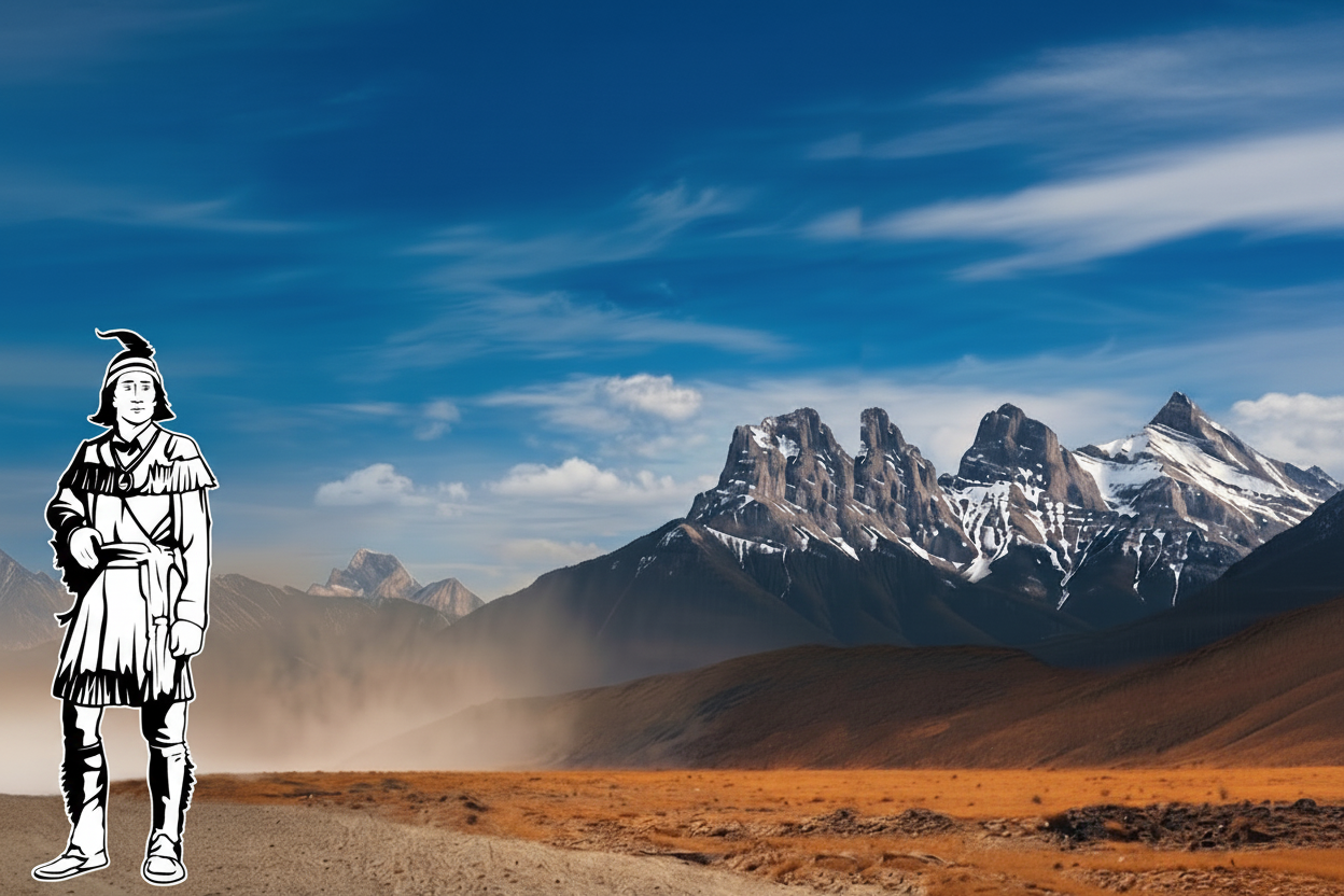 Mountain landscape with a Chief Tecumseh in traditional attire standing on a dirt path.