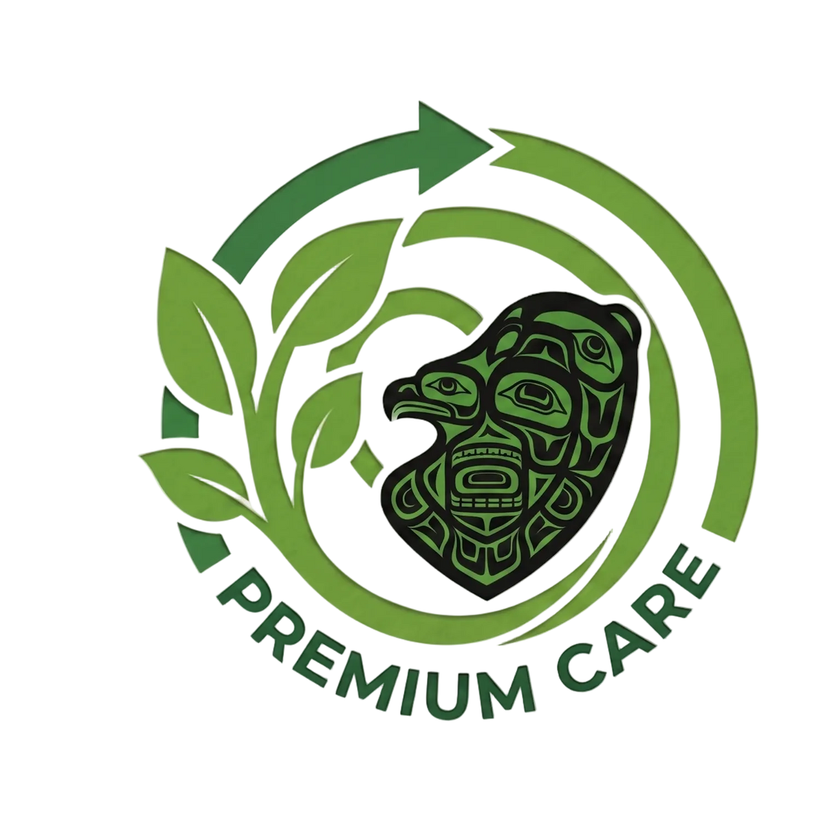 Green logo with a stylized face and leaves on a white background, labeled 'Premium Care'.