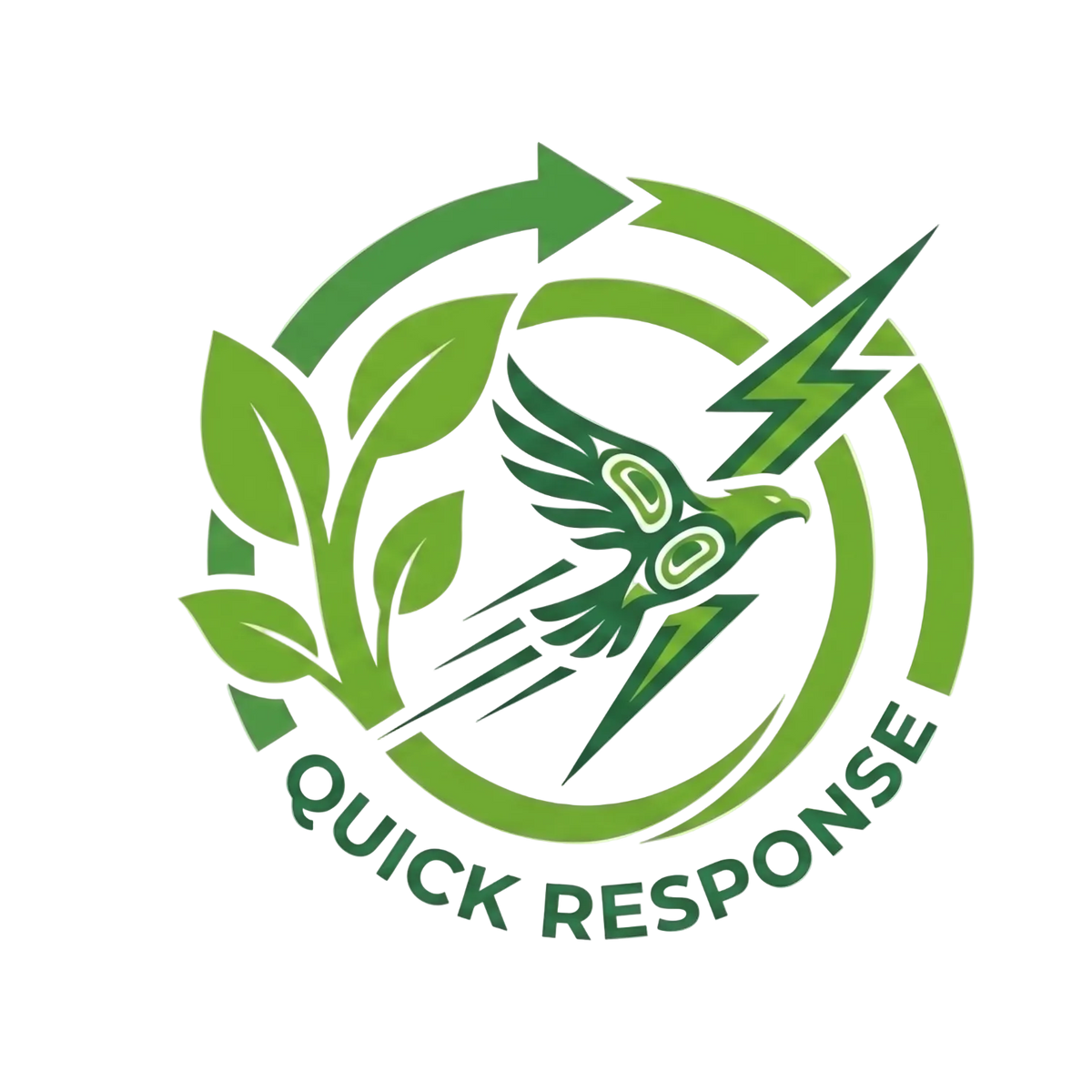 Logo with green leaves, bird, and lightning bolt on a white background with 'Quick Response' text.