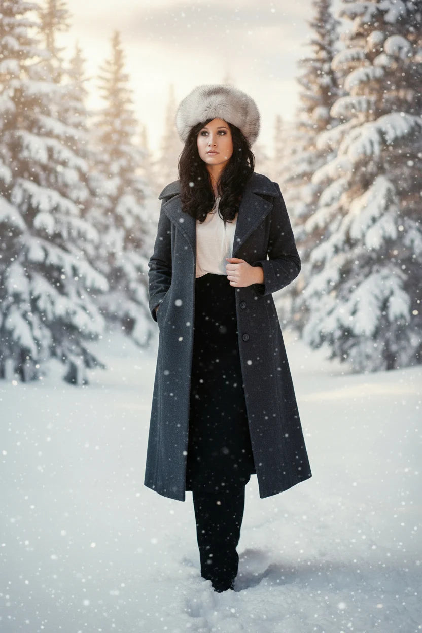 Woman in a long coat and fur hat standing in a snowy forest wearing fur hat 
