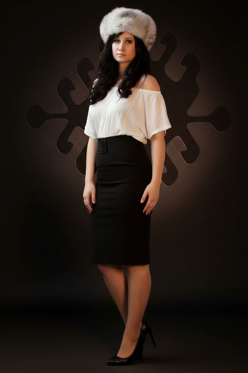 Woman wearing a white off-shoulder top and black skirt with a fur hat against a dark background