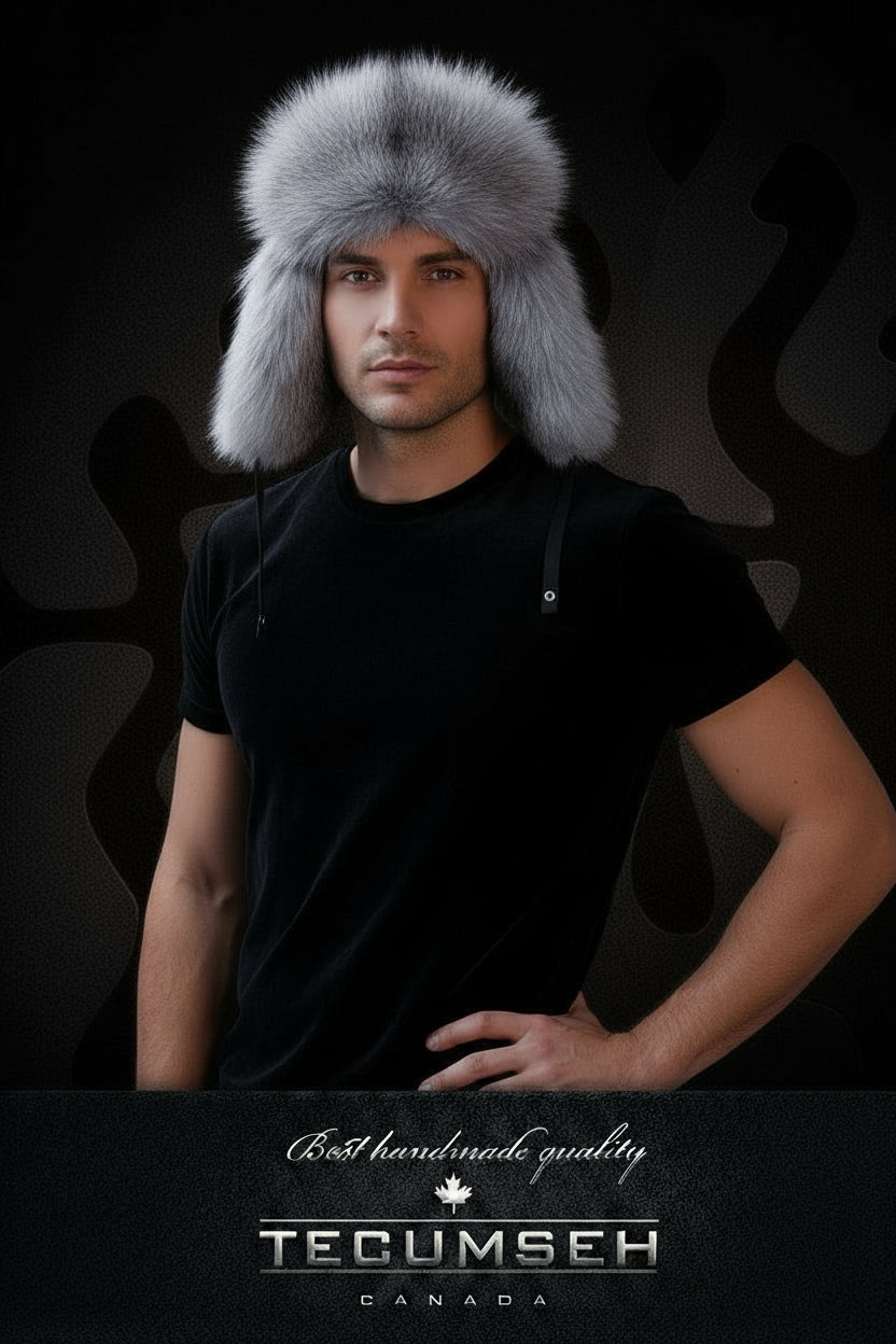 Man wearing a fur hat with a dark background and 'Tecumseh Canada' branding.