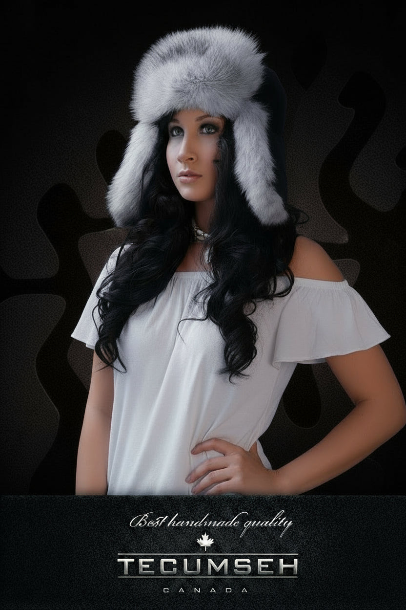 Woman wearing a fur hat with a black background and 'Tecumseh' branding.