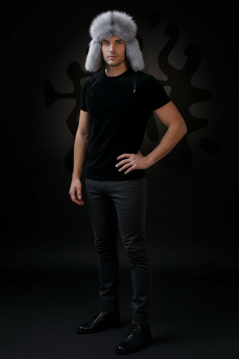 Man wearing a fur hat against a dark background