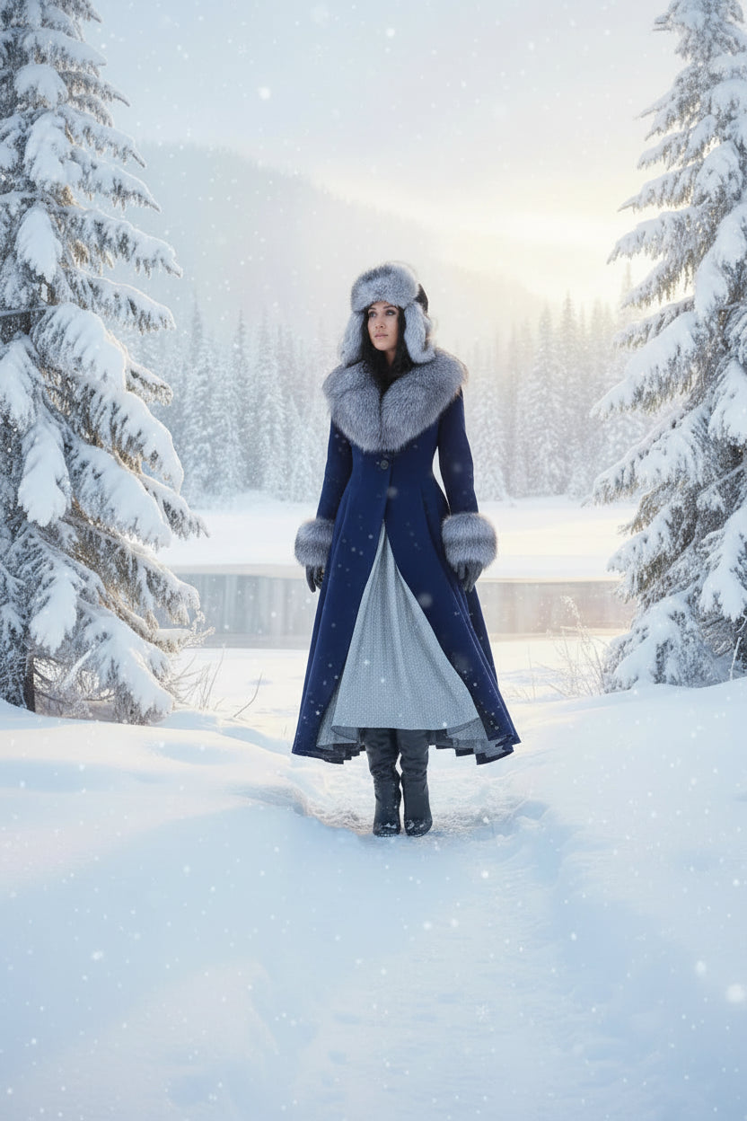 Person in a long blue coat with fur trim standing in a snowy forest.