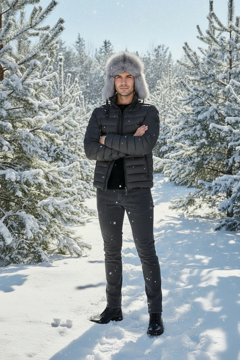 Man wearing a gray fur hat and black winter outfit standing in a snowy forest.