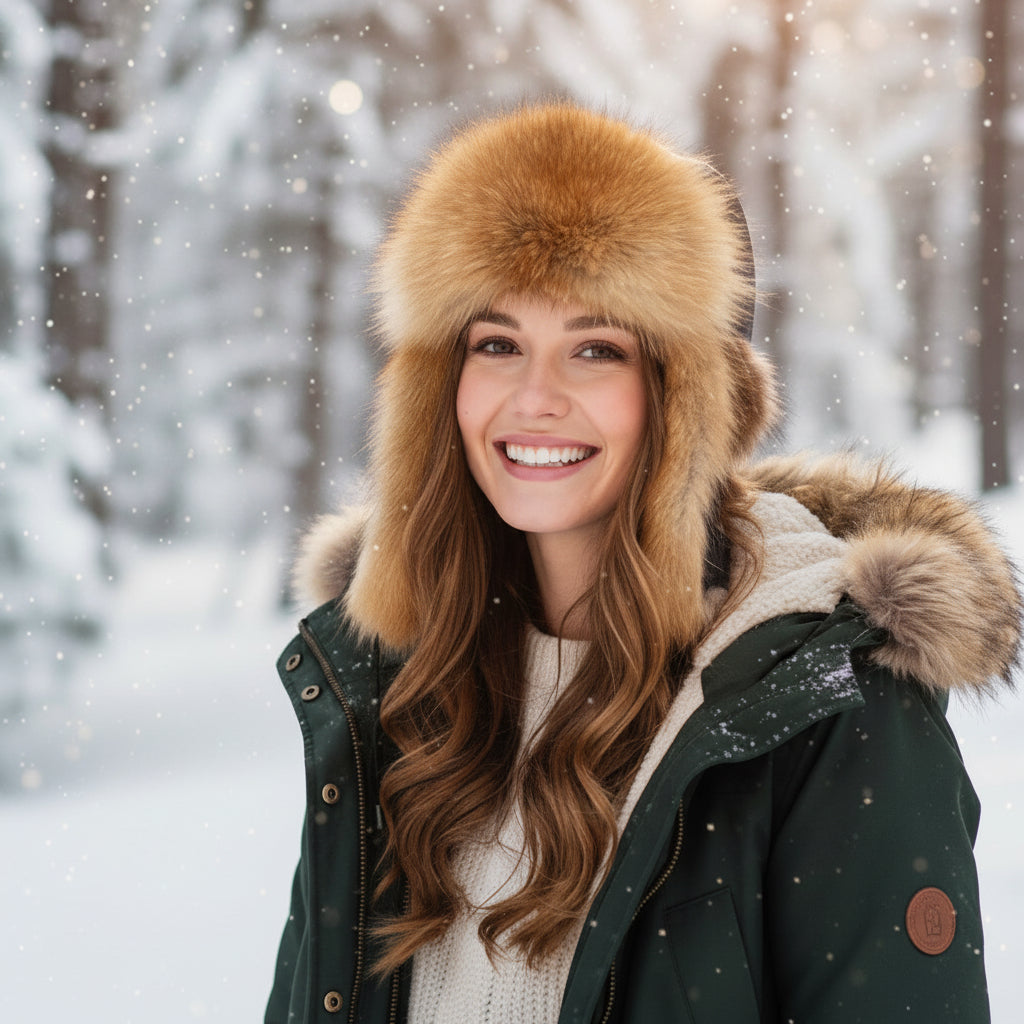Woman wearing a fur-trimmed hat and winter coat in a snowy forest