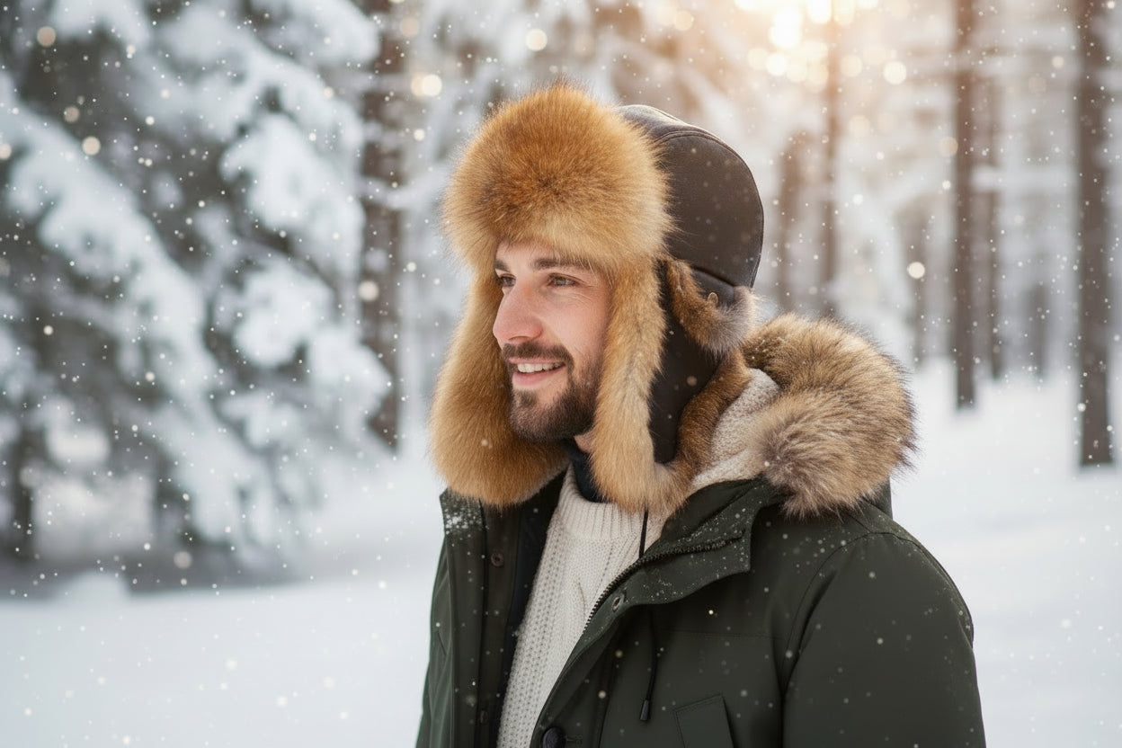 Man wearing a fur-lined winter coat and hat in a snowy forest