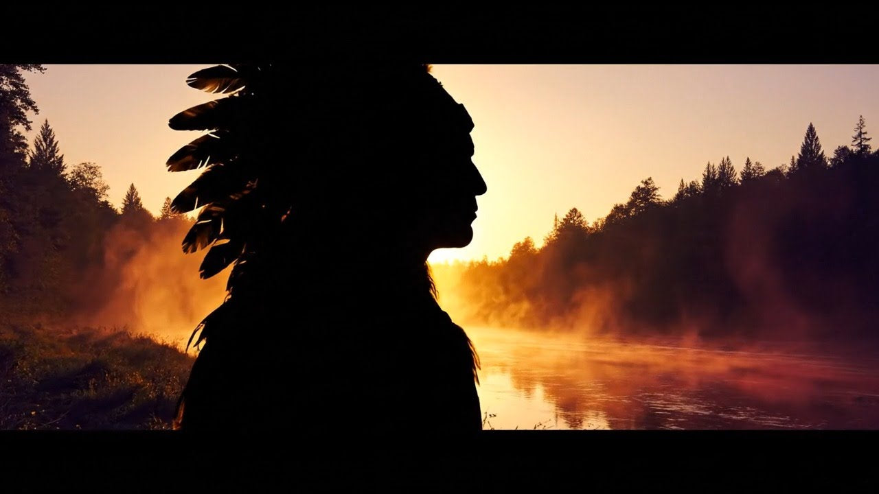 Silhouette of a Tecumseh with a headdress against a sunset over a misty lake