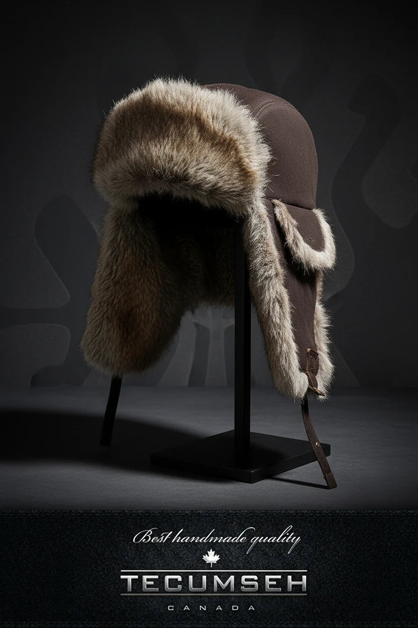 Brown fur hat on a stand with 'Tecumseh Canada' branding against a dark background