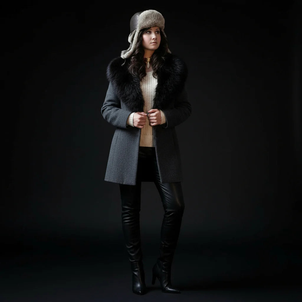 Woman wearing a gray coat with fur trim, black boots, and a fur hat on a dark background