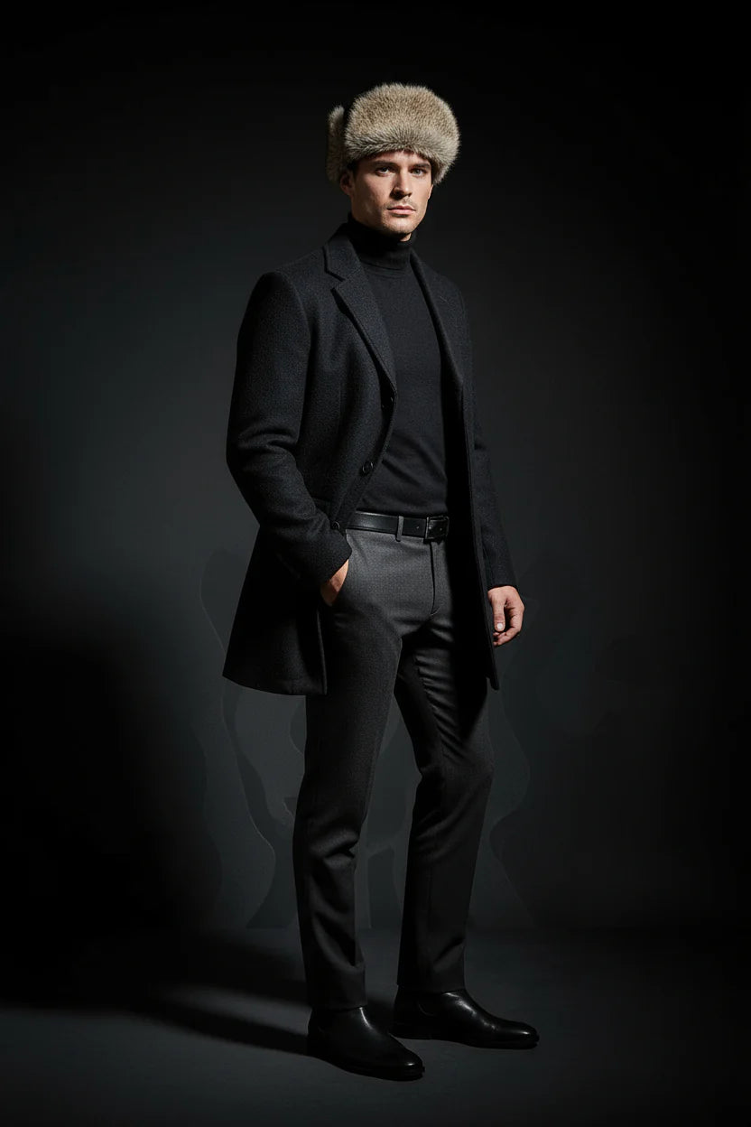 Man wearing a black coat, gray pants, and a fur hat against a dark background