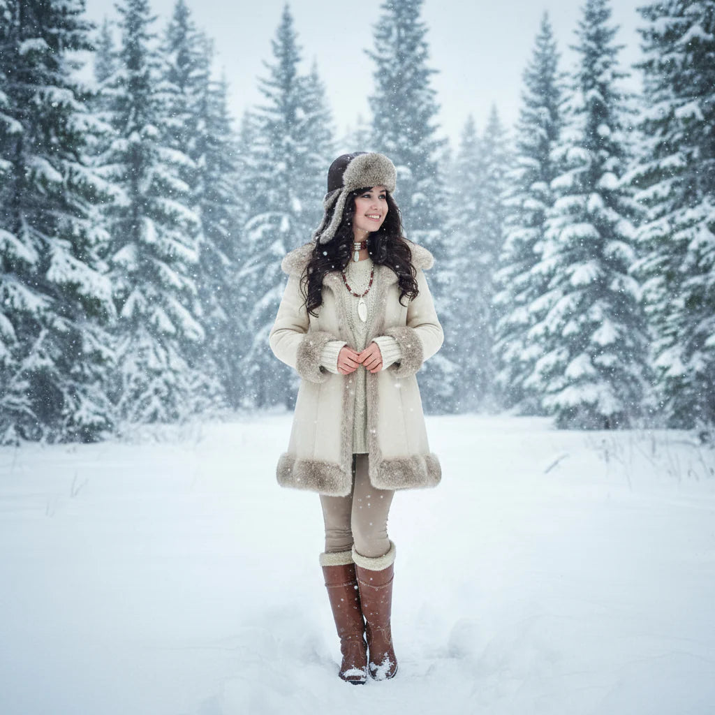 Woman in a snowy forest wearing a fur-trimmed coat and hat.