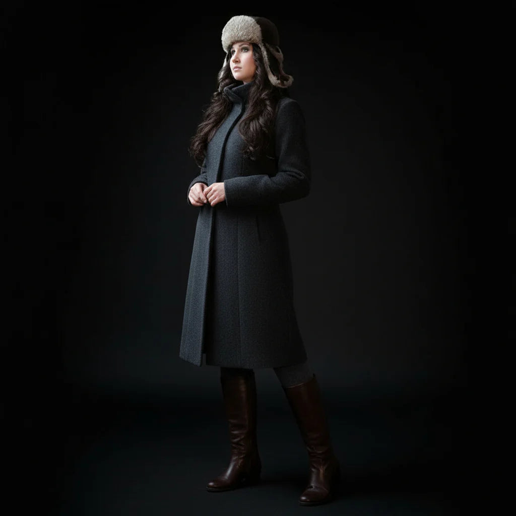 Woman wearing a long dark coat, brown boots, and a fur-lined hat against a black background