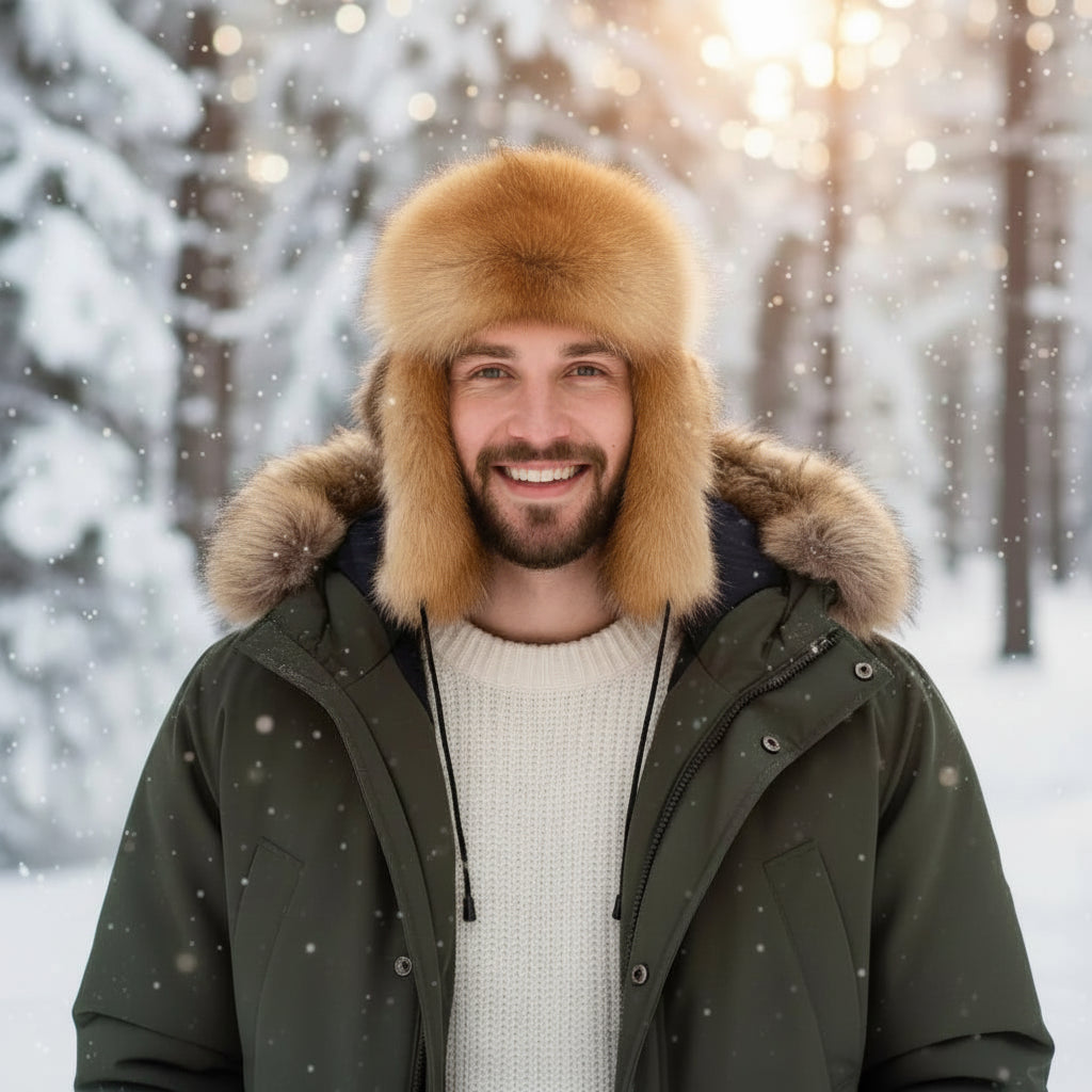 Man wearing a fur hat and winter coat in a snowy forest