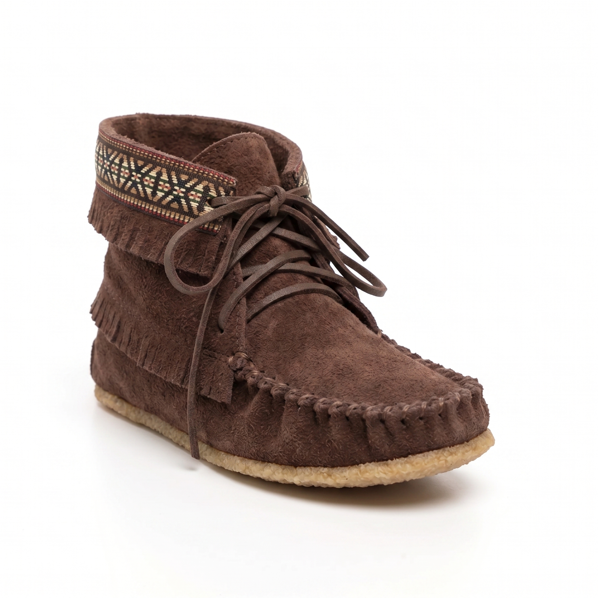 Brown suede moccasin boot with fringe and embroidered details on a white background