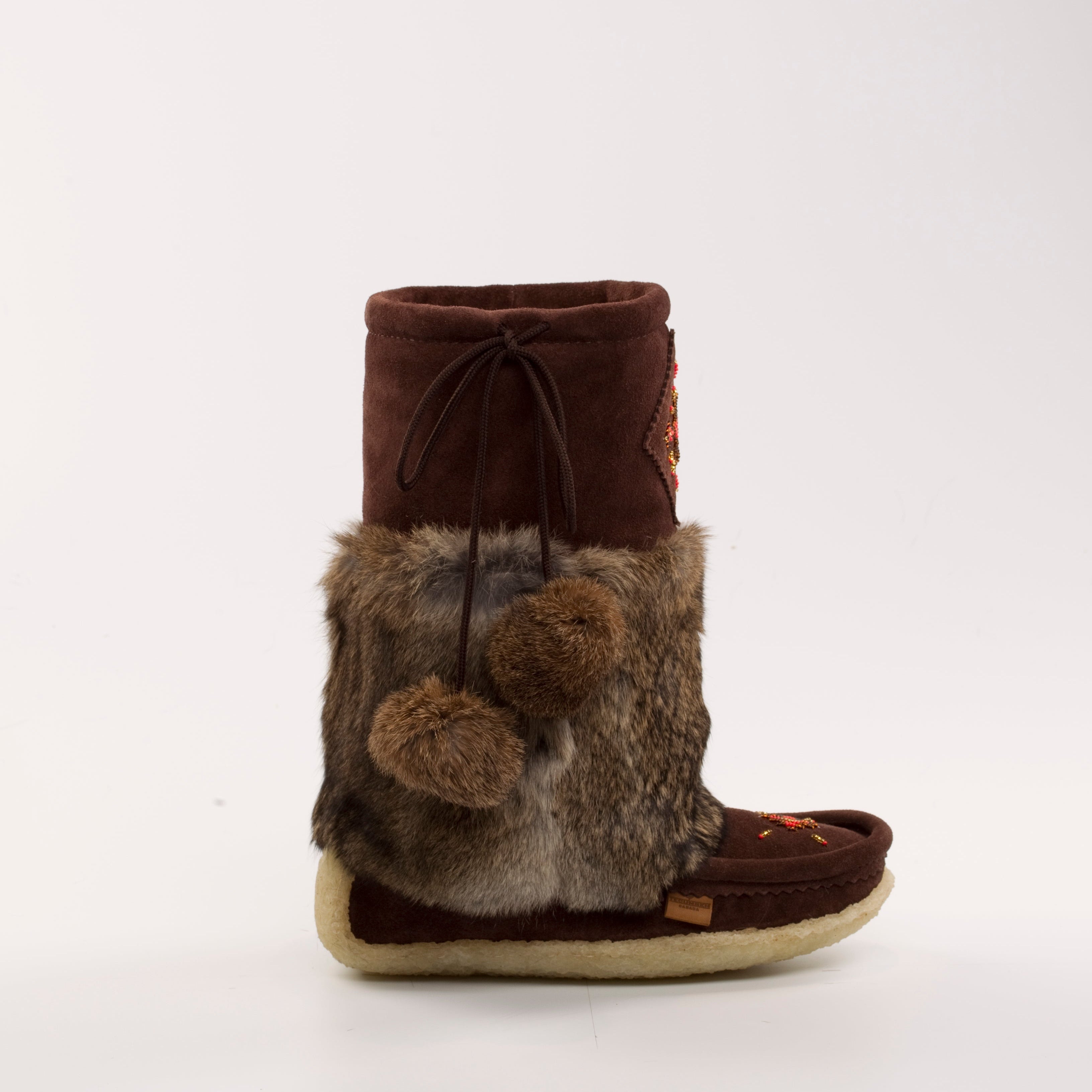 Brown short mukluks with brown rabbit fur