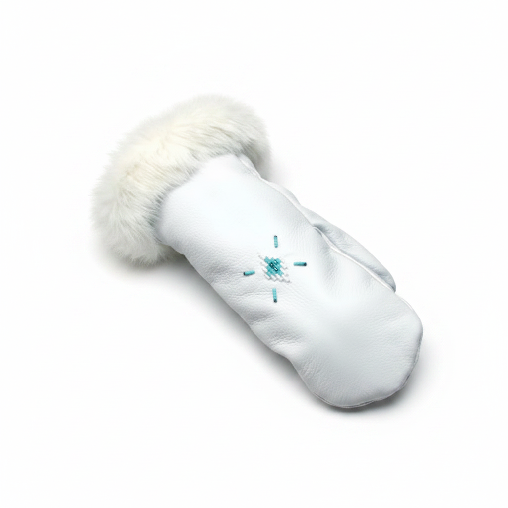White glove with fur cuff on a green mossy surface