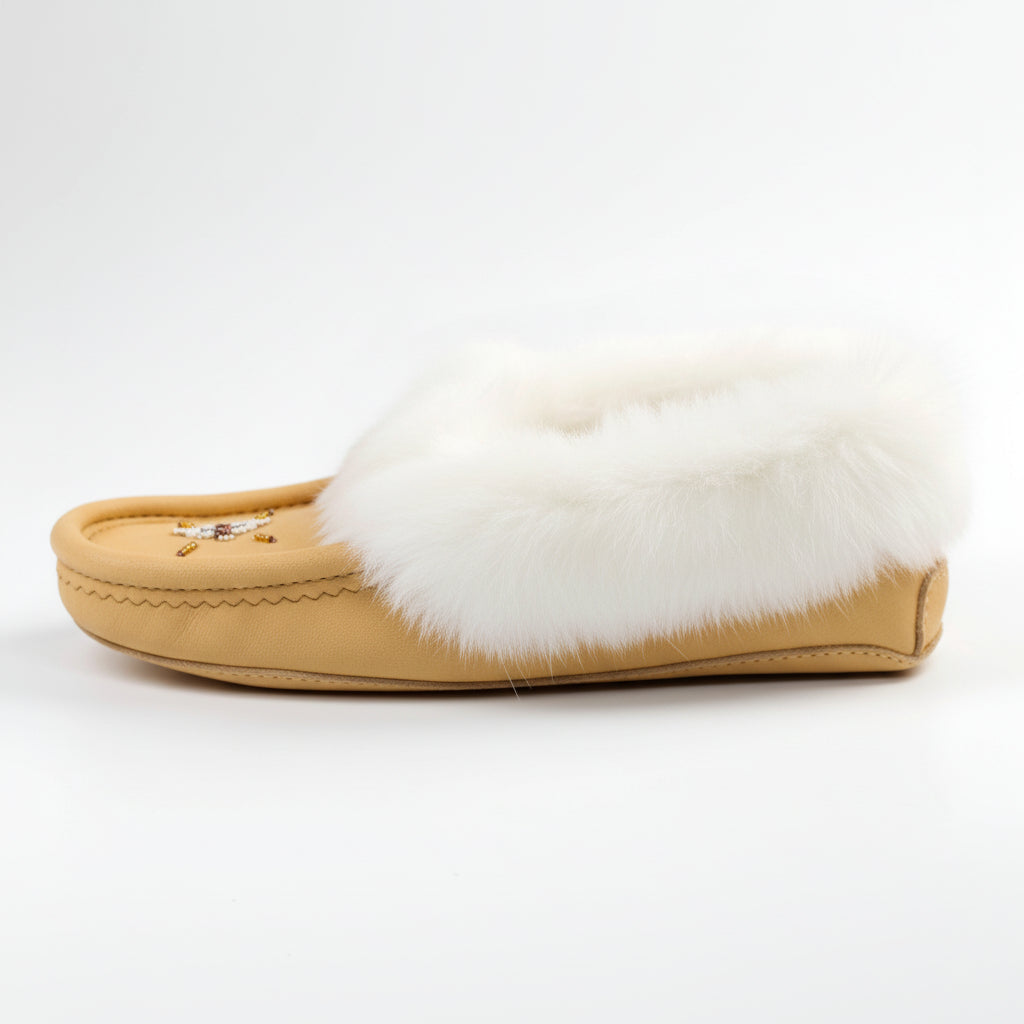 Beige slipper with white fur on a white background