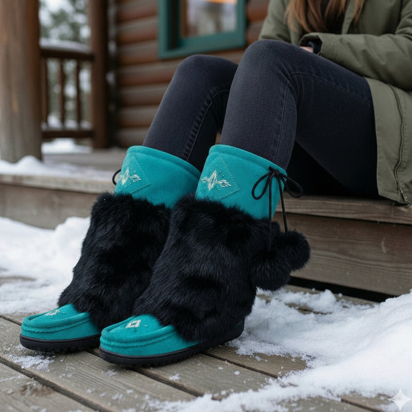 Person wearing teal boots with black fur on a snowy deck.