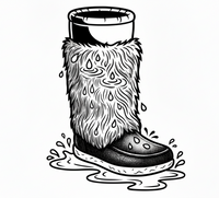 Black and white illustration of a boot with fur and water droplets on a white background