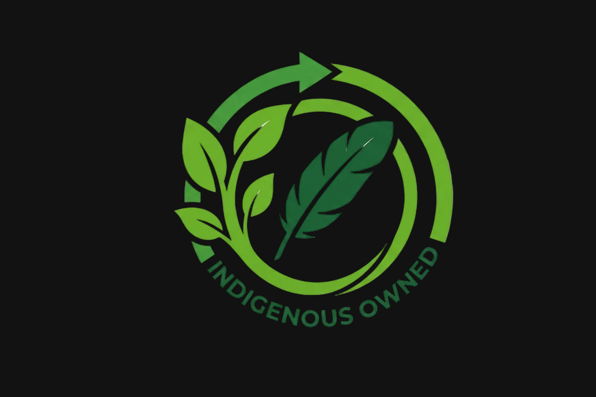 Logo with green leaves and a feather, featuring the text 'Indigenous Owned' on a white background.