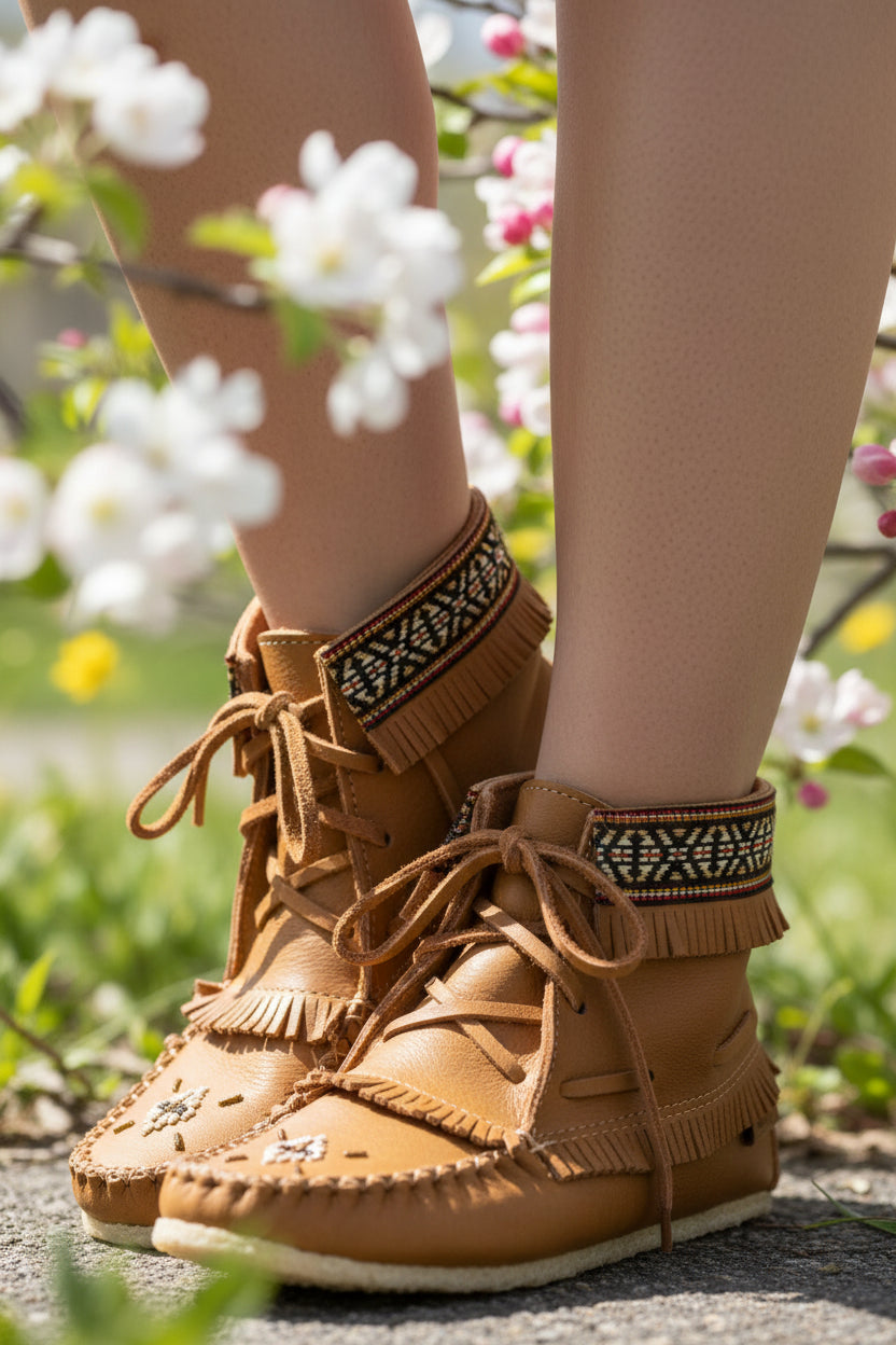 Brown moccasin-style shoes with fringe details worn outdoors with blurred flowers and grass in the background