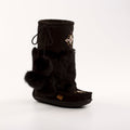 Black Canadian made mukluk with fur trim on a white background
