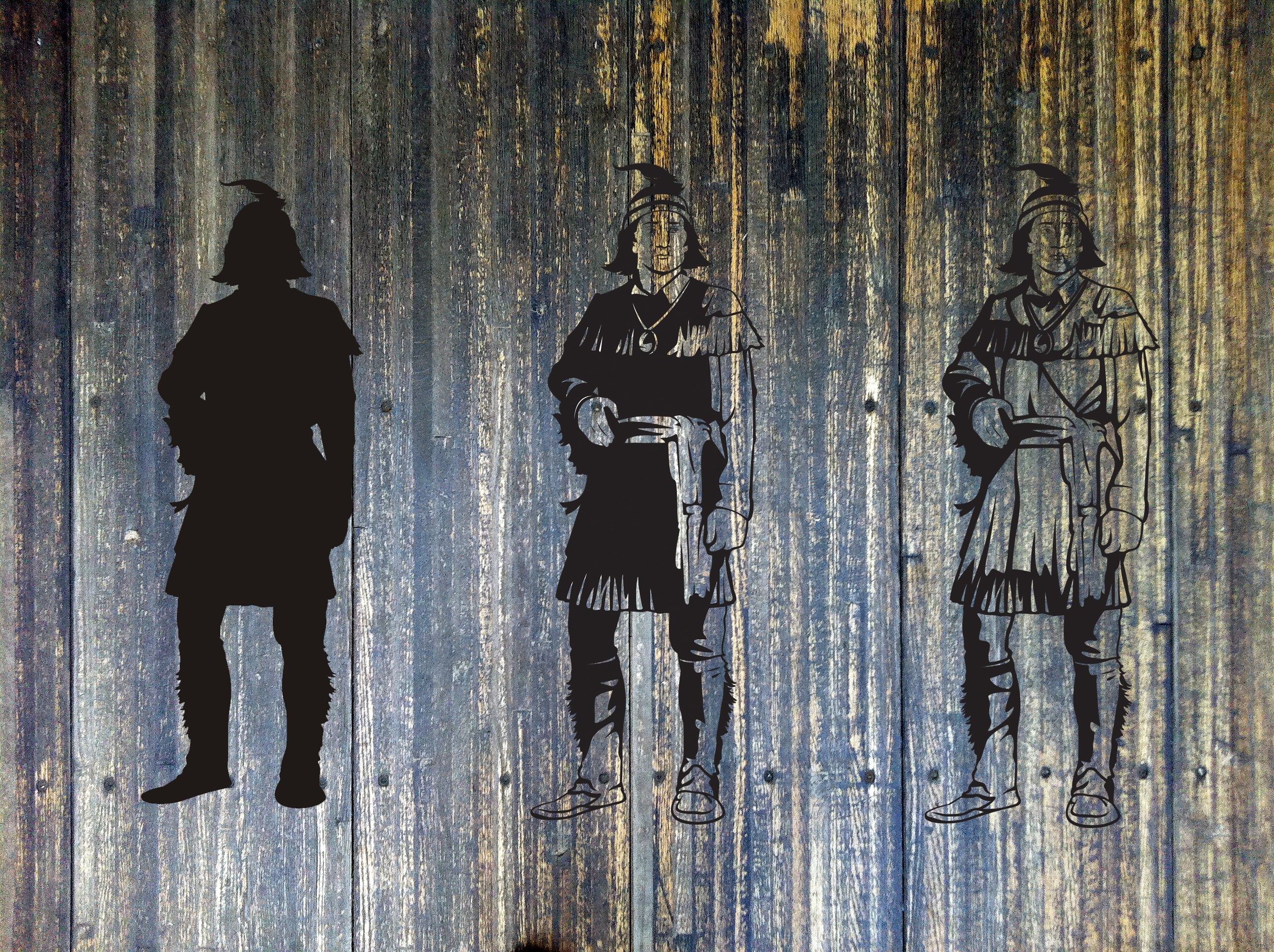 Silhouettes of three historical figures against a textured wall. Chief Tecumseh