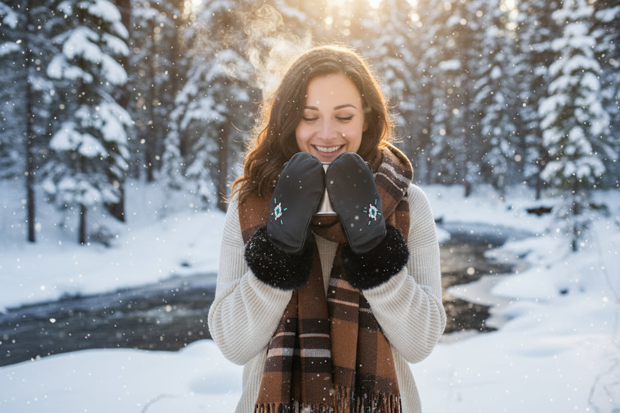 Woman in a snowy forest with mittens on, smiling.